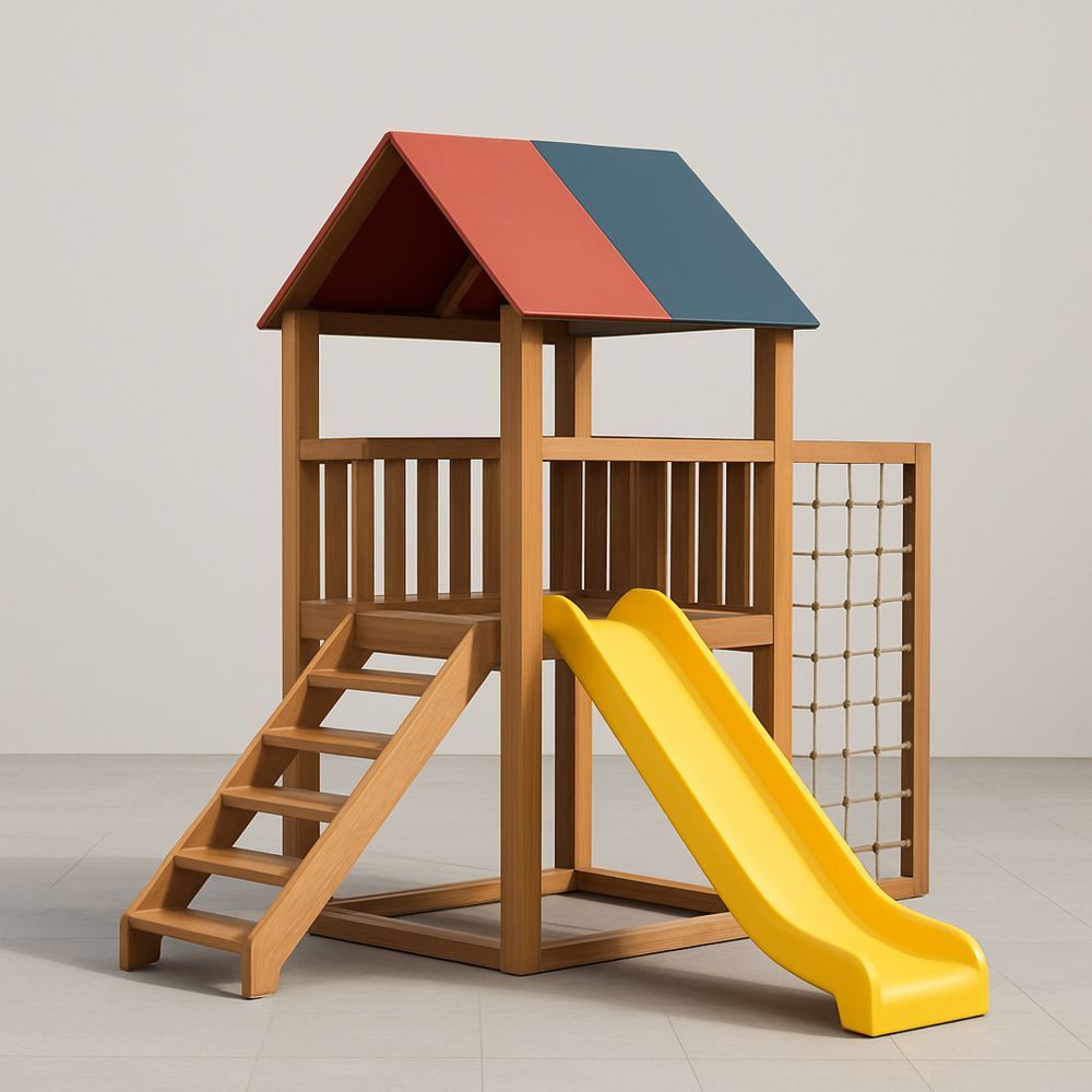 Dřevěné dětské hřiště s plastovou skluzavkou žlutá vícebarevná střecha 300 cm x 200 cm x 250 cm-Larcalmo