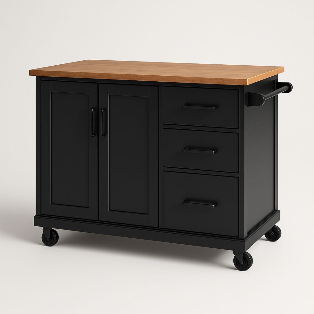 Køkkenvogn i sort MDF med trætopp 120 cm x 60 cm x 90 cm-decovivapt