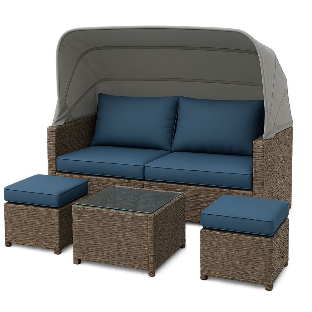 Udendørs Rattan Havemøbel Sæt med Skygge Grå/Blå-decovivapt