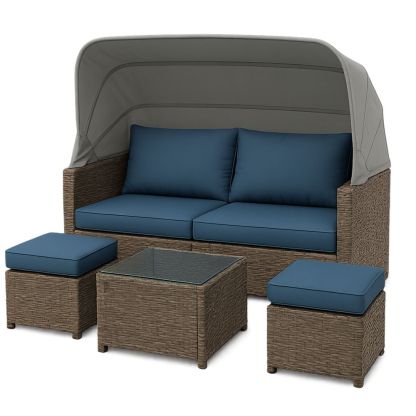 Udendørs Rattan Havemøbel Sæt med Skygge Grå/Blå-decovivapt