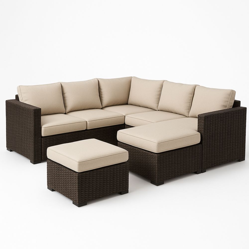 Hjørnesofa sæt med skammel i brun polyethylen med beige polyesterhynder-decovivapt