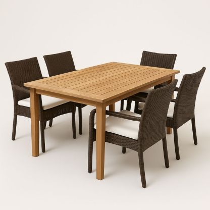 Teaktræ udendørs spisebordssæt med 6 polyrattan stole, brun-decovivapt