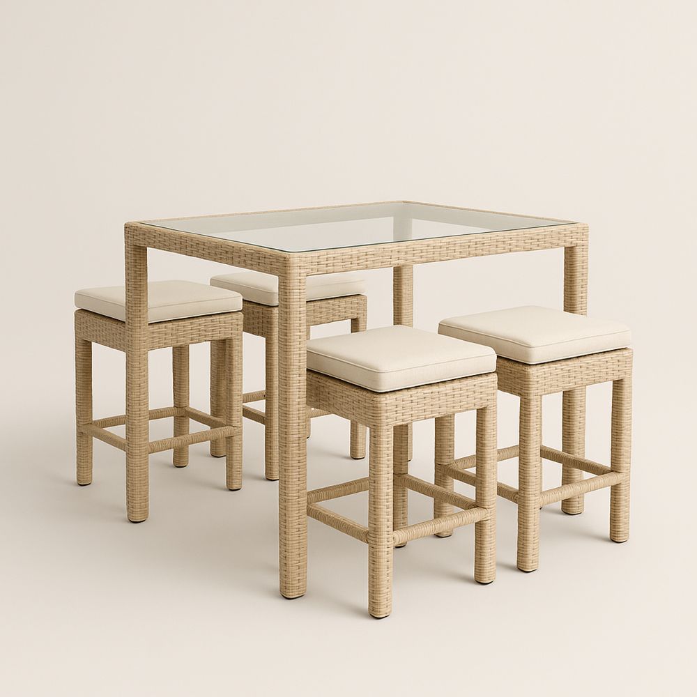 Udendørs spisebordssæt i polyrattan med glasplade og 4 skamler-decovivapt