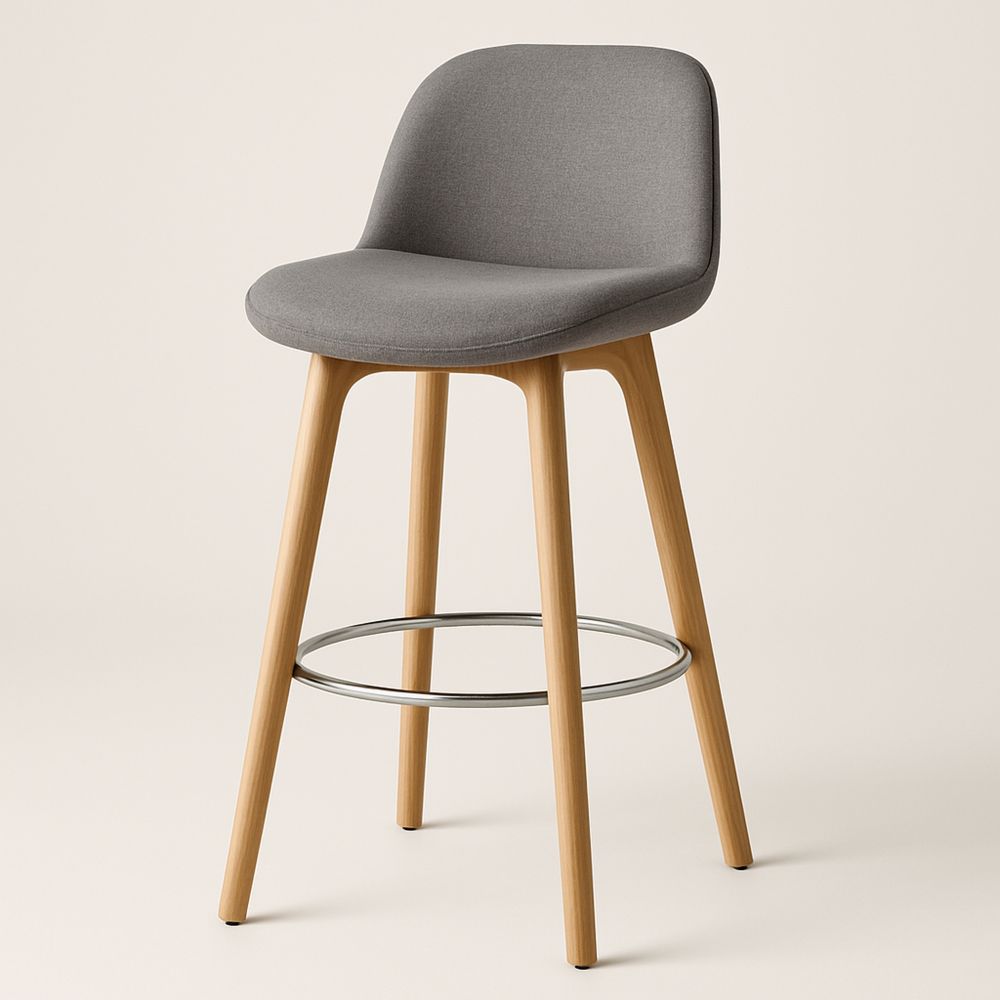 Grå barstol i polyester med ryglæn og egetræben 105x50x45 cm-decovivapt