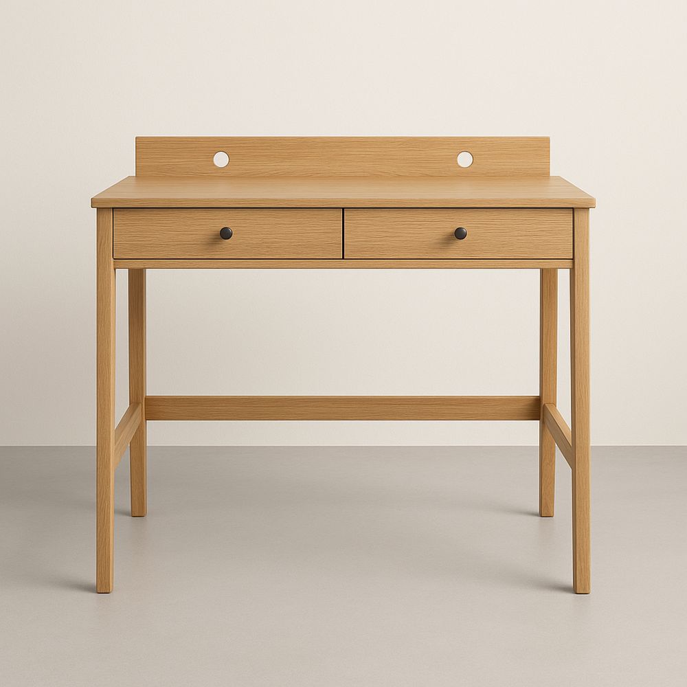 Skrivebord i egetræ med to skuffer og kabelhul-decovivapt