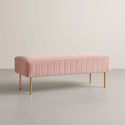 Rektangulær bænk i lyserød fløjl med guldfarvede metalben-decovivapt