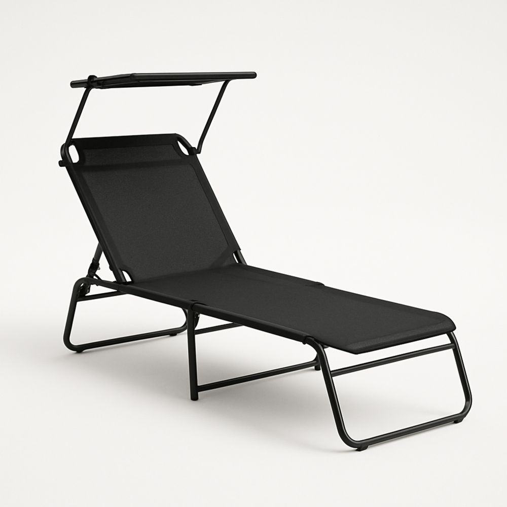 Solseng med justerbar ryg og solskærm metal stof Sort-decovivapt