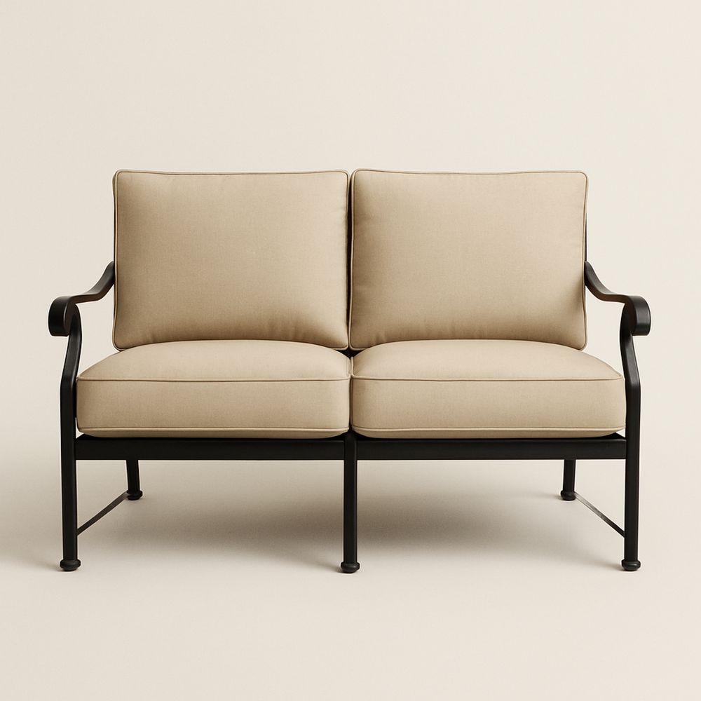 Beige 2-personers udendørs sofa med metal stel og stof hynder-decovivapt