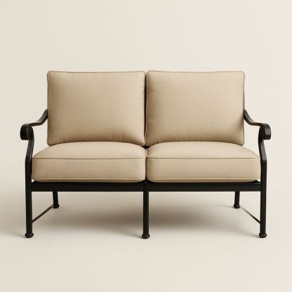 Beige 2-personers udendørs sofa med metal stel og stof hynder-decovivapt