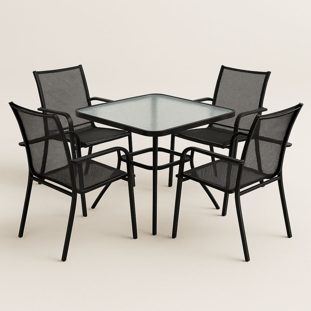 Udendørs sæt i metal og glas med 4 stole Sort 70x70 cm-decovivapt