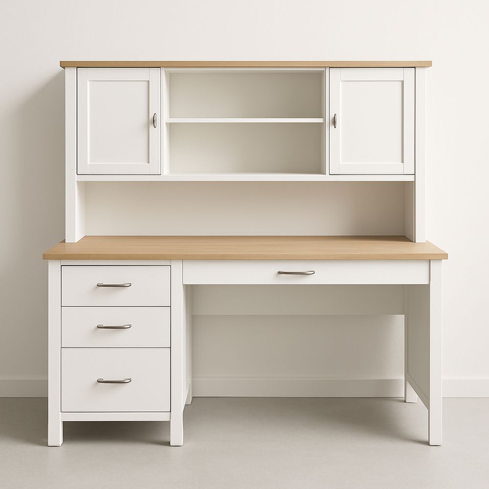 Hvid træ skrivebord med hylder og skuffer 120cm-decovivapt