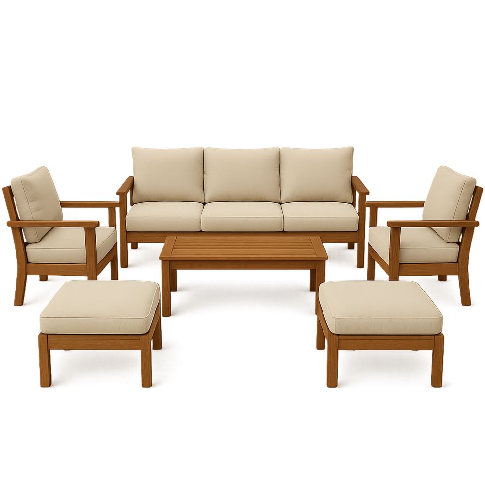 Udendørs møbelsæt i træ med beige hynder-decovivapt