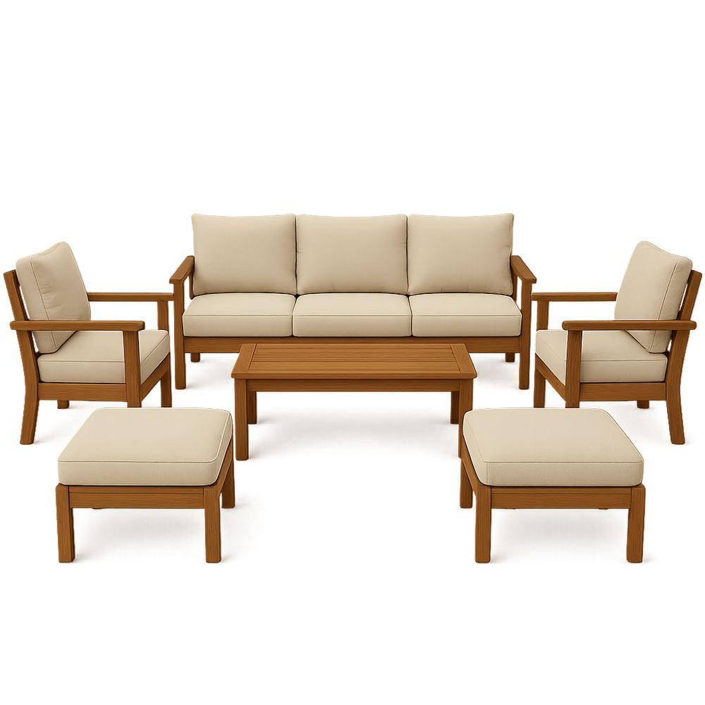 Udendørs møbelsæt i træ med beige hynder-decovivapt