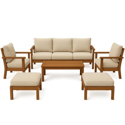 Udendørs møbelsæt i træ med beige hynder-decovivapt