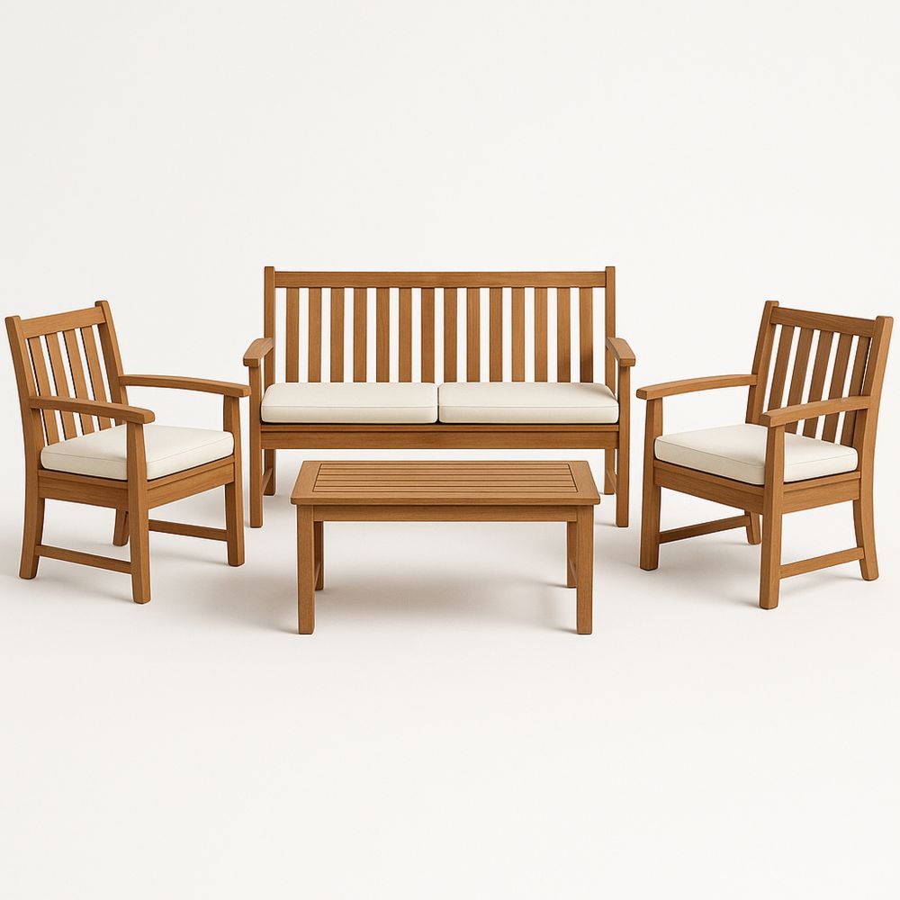 Udendørs havemøbelsæt i træ med hvide hynder-decovivapt