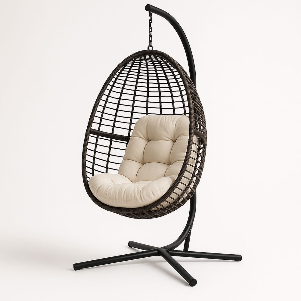 Polyrattan hængestol i ægform med stålramme og beige pude-decovivapt