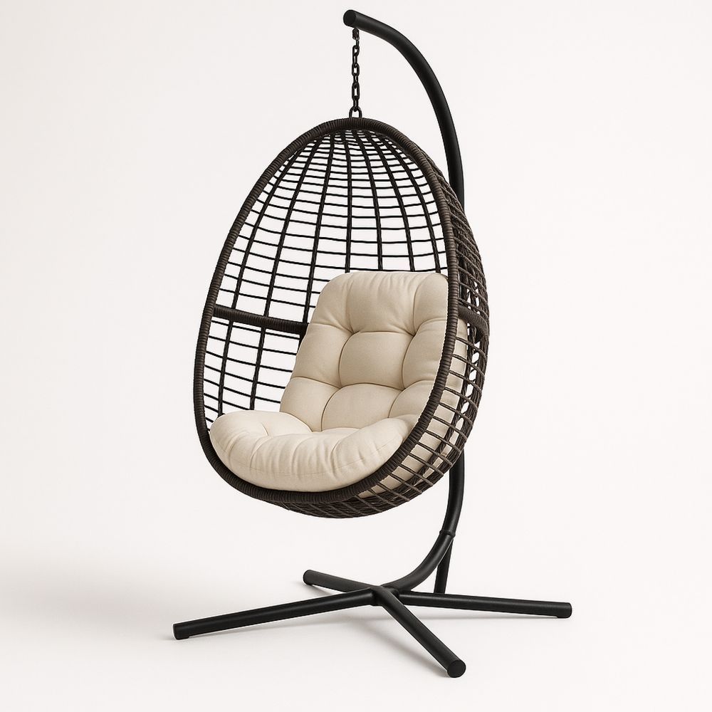 Polyrattan hængestol i ægform med stålramme og beige pude-decovivapt