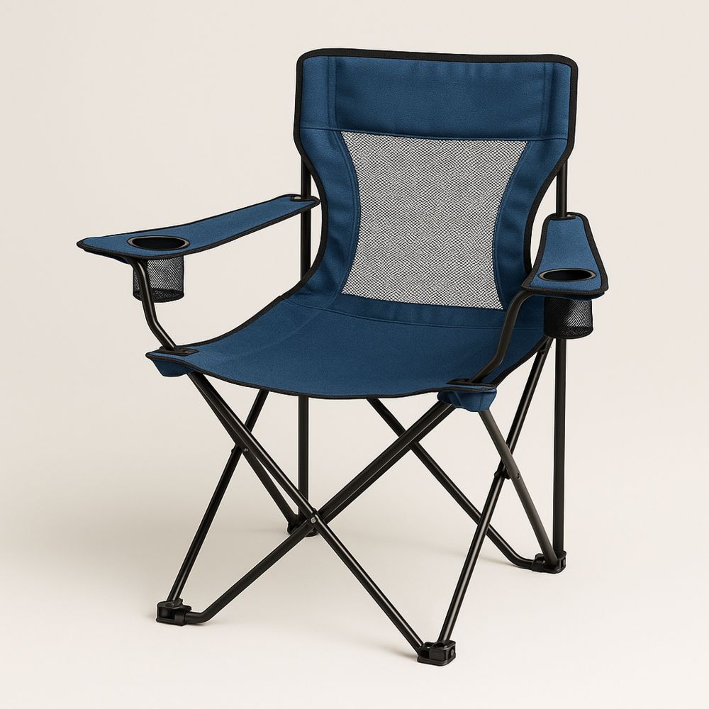 Sammenklappelig campingstol med armlæn og kopholdere i navy blå-decovivapt