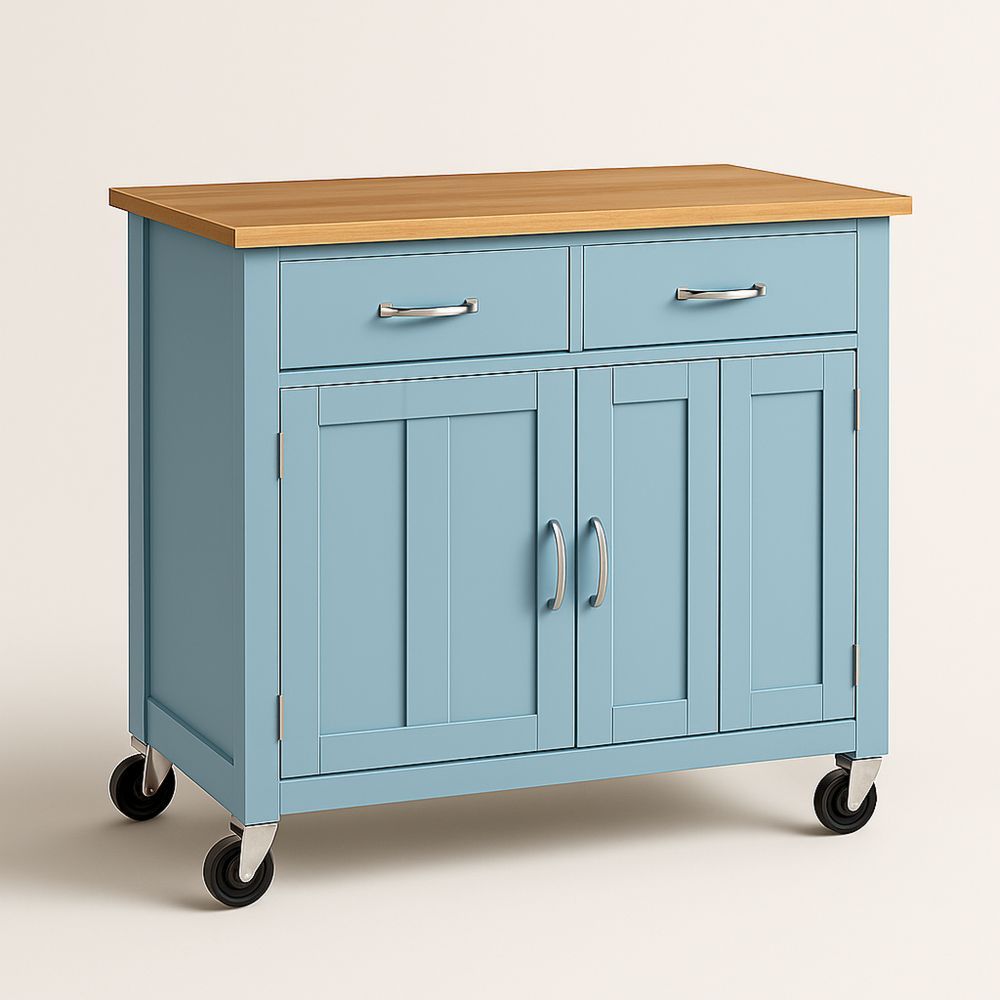 Blå køkkenvogn med trækbordplade og opbevaring-decovivapt
