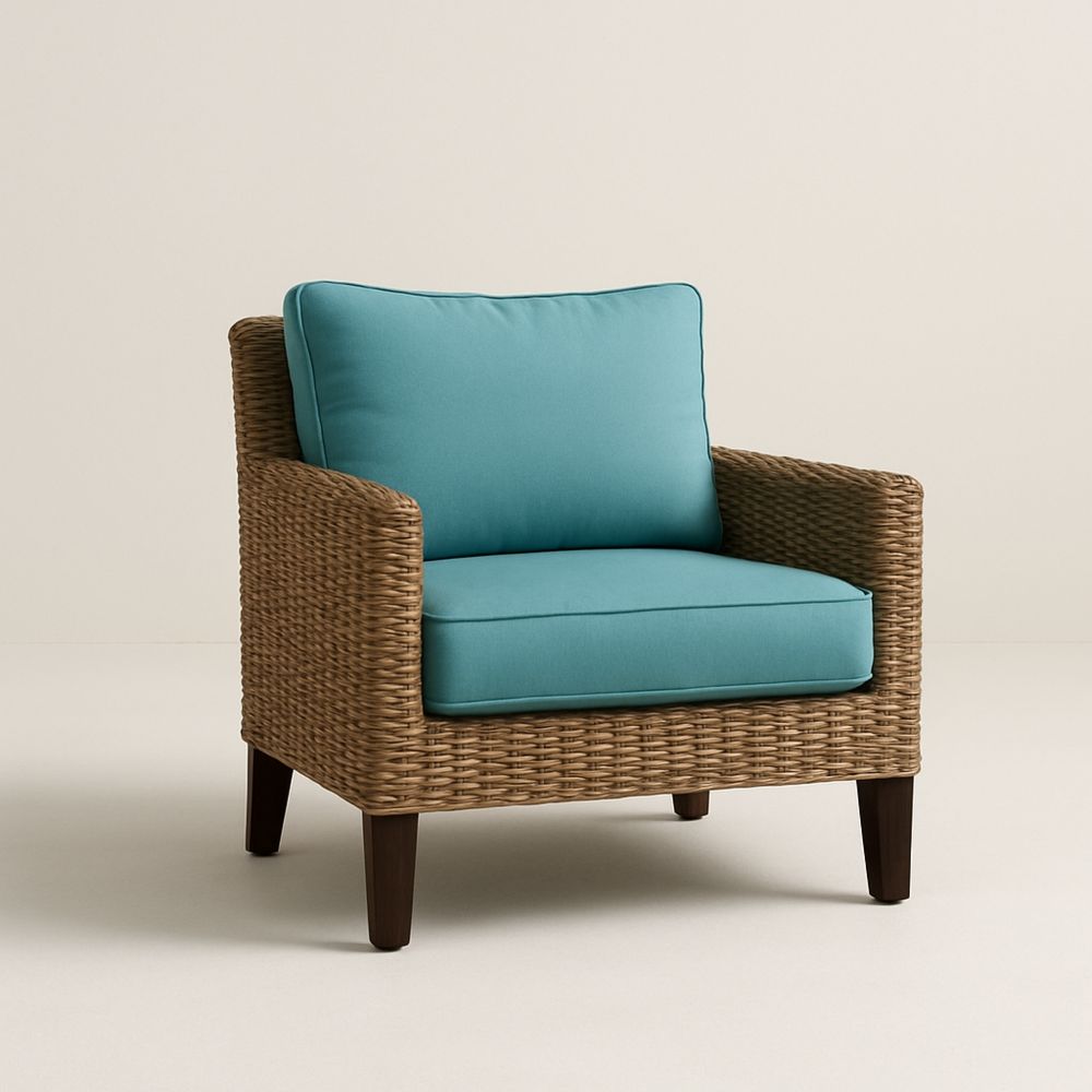 Udendørs lænestol i syntetisk rattan med blå hynder-decovivapt