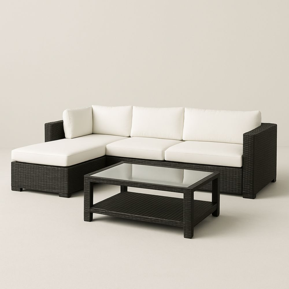 Udendørs hjørnesofa sæt i polyrattan med glasbord sort/hvid-decovivapt