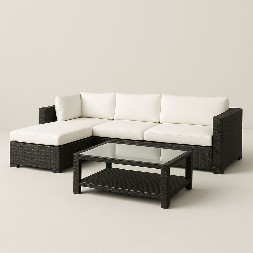 Udendørs hjørnesofa sæt i polyrattan med glasbord sort/hvid-decovivapt