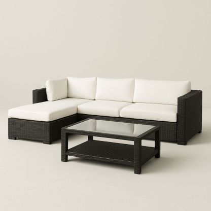 Udendørs hjørnesofa sæt i polyrattan med glasbord sort/hvid-decovivapt