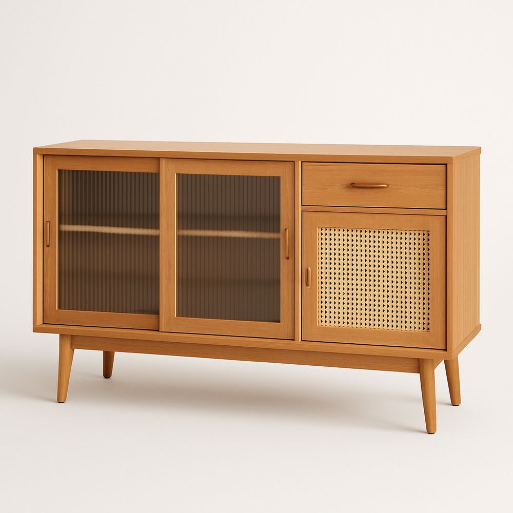 Træskænk med Glas- og Rattanlåger-decovivapt