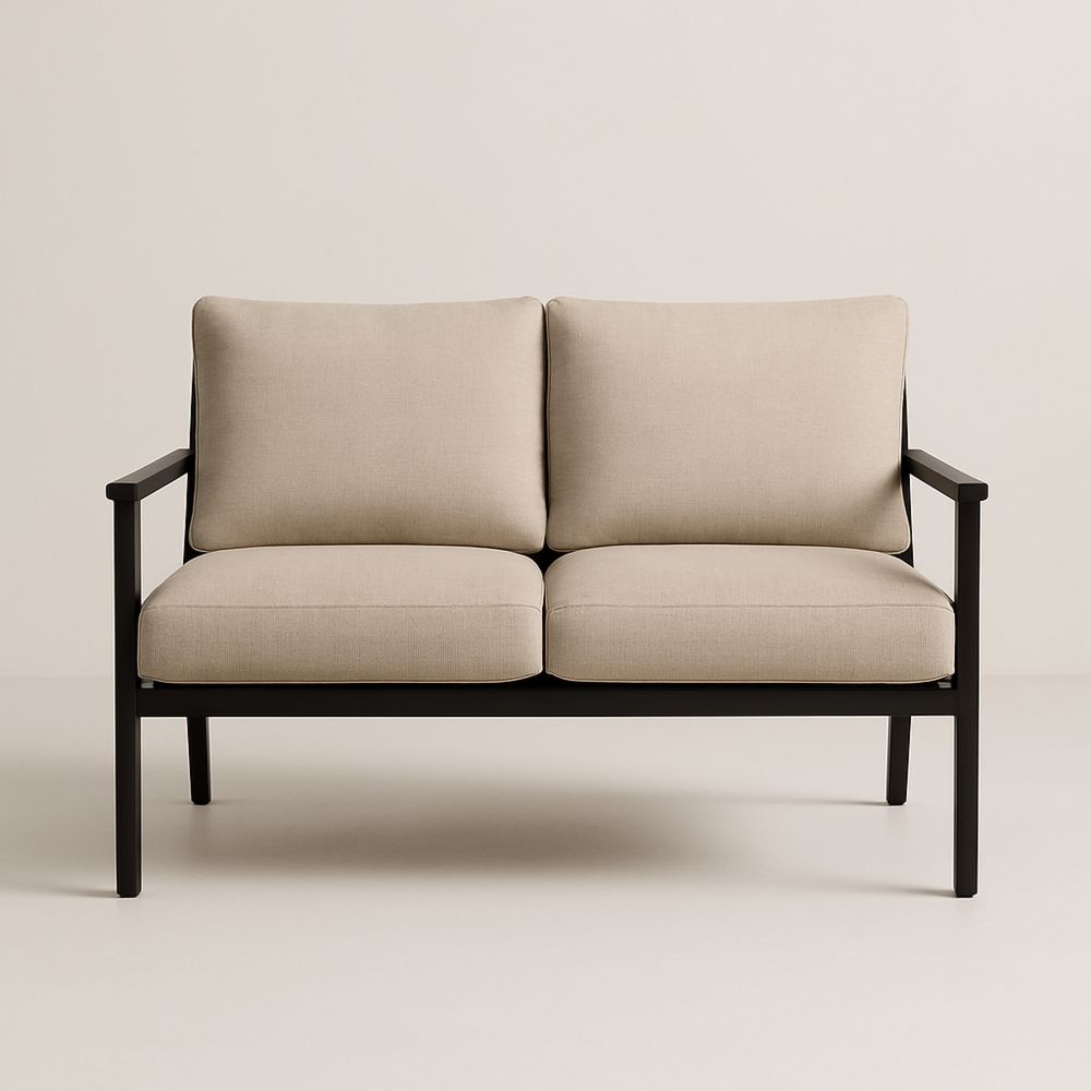 Udendørs to-personers bænk i aluminium med beige hynder-decovivapt