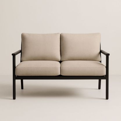 Udendørs to-personers bænk i aluminium med beige hynder-decovivapt