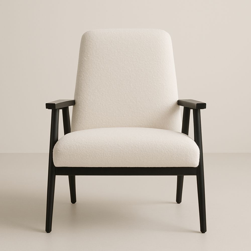 Hvid lænestol i polyesterstof med sorte træarmelæn-decovivapt