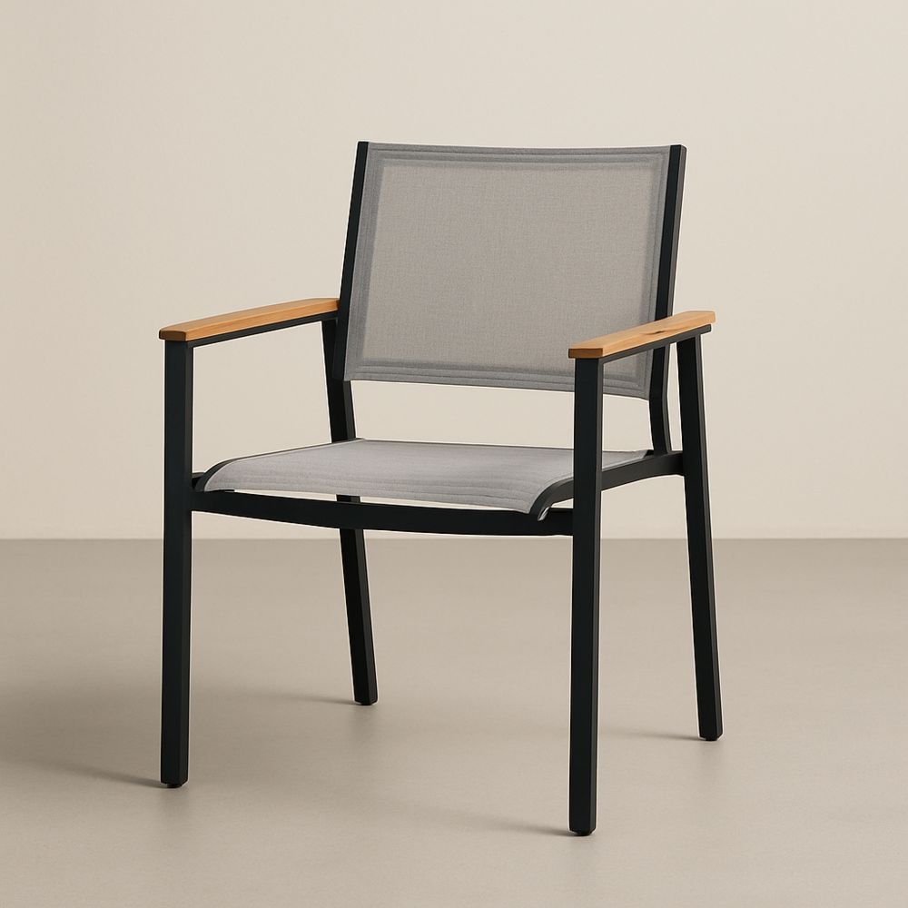 Udendørs stol i aluminium og tekstil med træarmlæn grå 60x57x84 cm-decovivapt