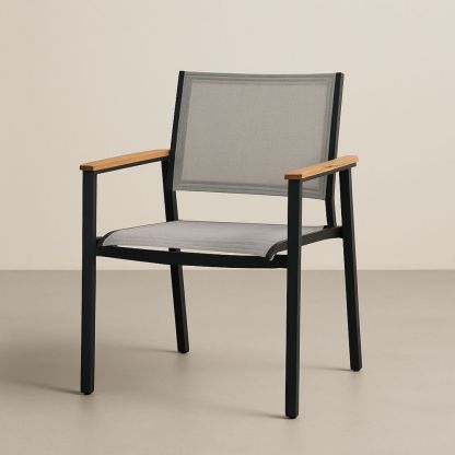 Udendørs stol i aluminium og tekstil med træarmlæn grå 60x57x84 cm-decovivapt