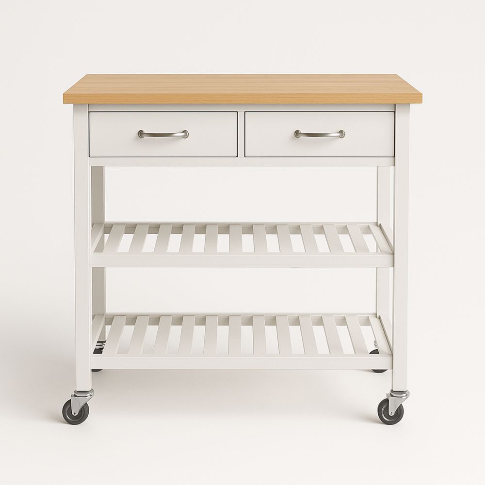 Køkkenvogn med skuffer og hylder i hvid og træ-decovivapt