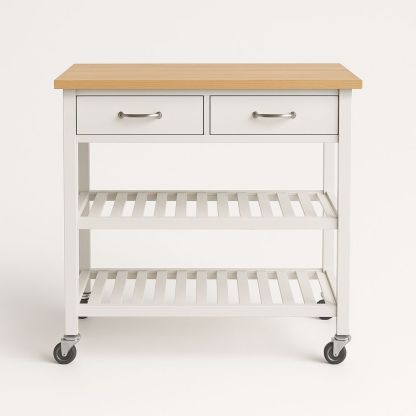Køkkenvogn med skuffer og hylder i hvid og træ-decovivapt
