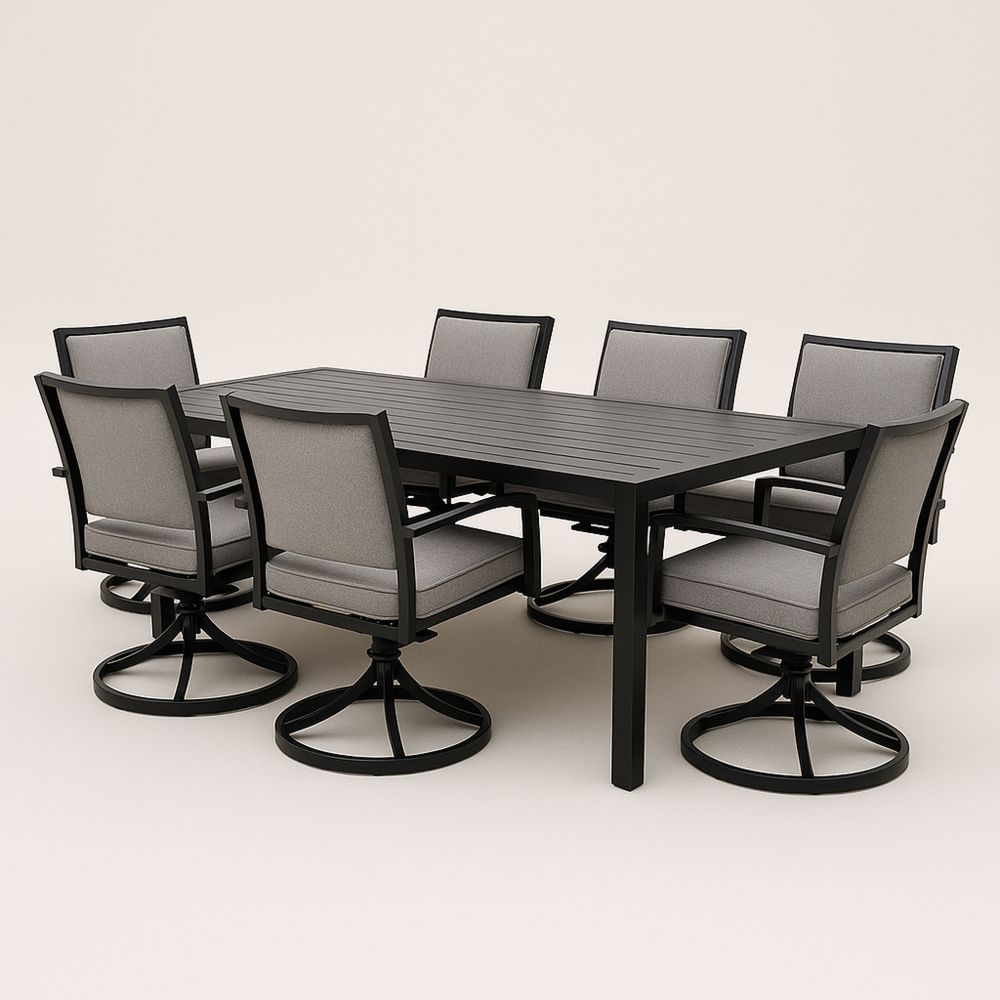 Udendørs spisebordssæt i sort aluminium med grå polyester, inklusiv roterende stole, bord L180 x B90 x H75 cm-decovivapt