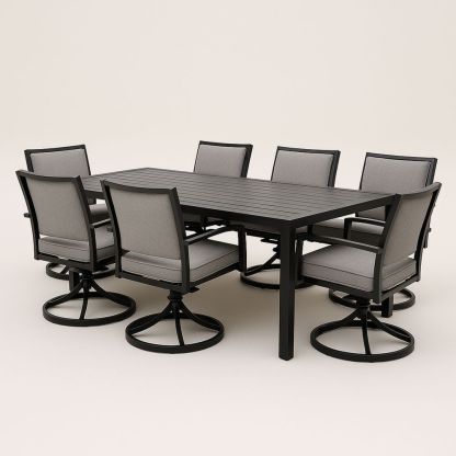 Udendørs spisebordssæt i sort aluminium med grå polyester, inklusiv roterende stole, bord L180 x B90 x H75 cm-decovivapt