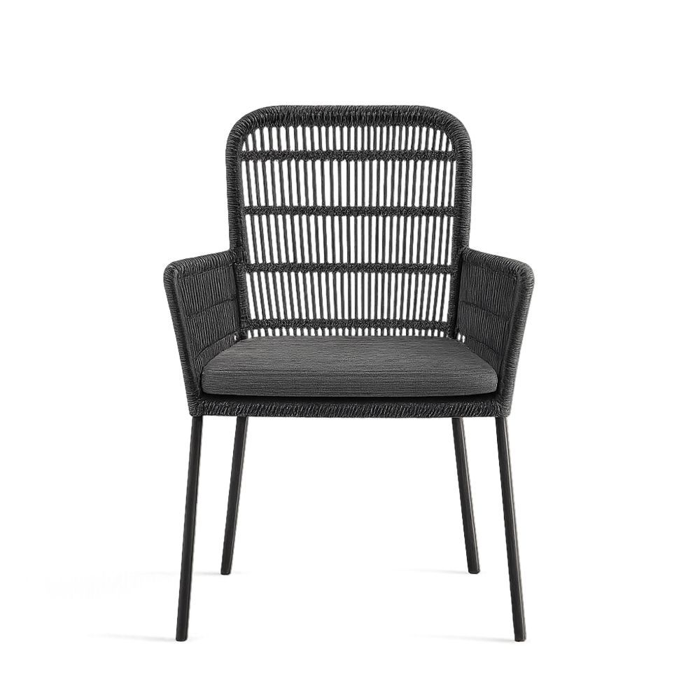 Udendørs stol med armlæn i sort polyester snor og metalben-decovivapt
