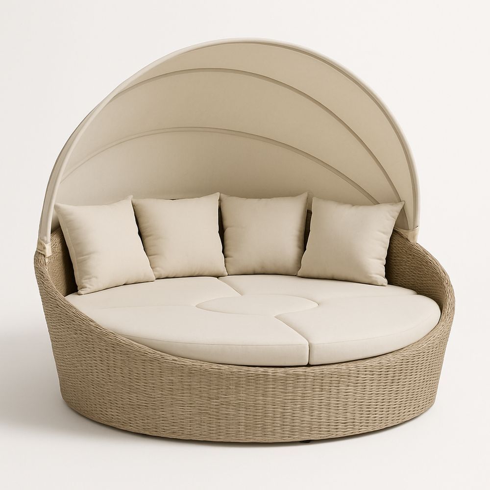 Rund Udendørs Daybed i Aluminium og Polyrattan med Justerbar Top, Beige-decovivapt