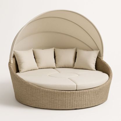 Rund Udendørs Daybed i Aluminium og Polyrattan med Justerbar Top, Beige-decovivapt
