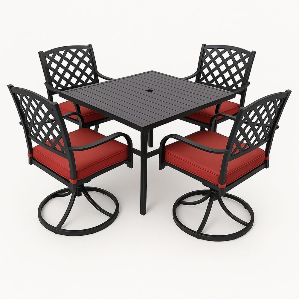 Udendørs sæt med firkantet bord og roterende stole i stål med rød polstring-decovivapt