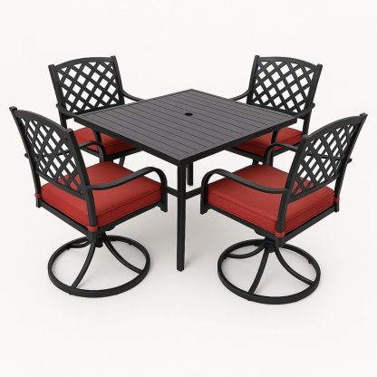 Udendørs sæt med firkantet bord og roterende stole i stål med rød polstring-decovivapt