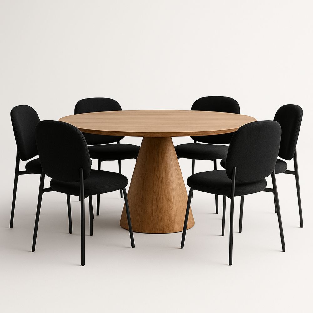 Rundt spisebordssæt i egetræ med 6 sorte stole-decovivapt
