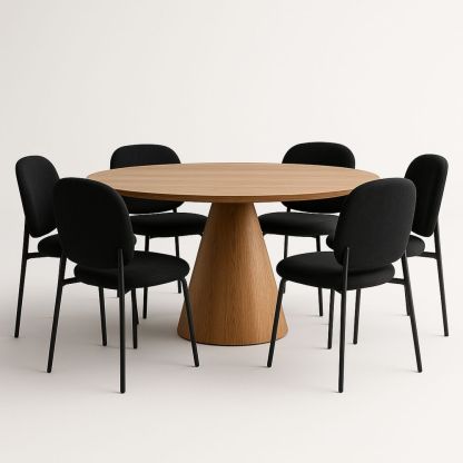 Rundt spisebordssæt i egetræ med 6 sorte stole-decovivapt
