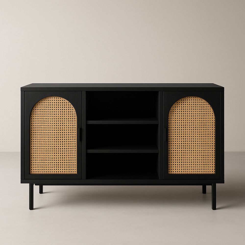 Sort skænk med kurvedøre i rattan og trækomposit 120x40x75 cm-decovivapt