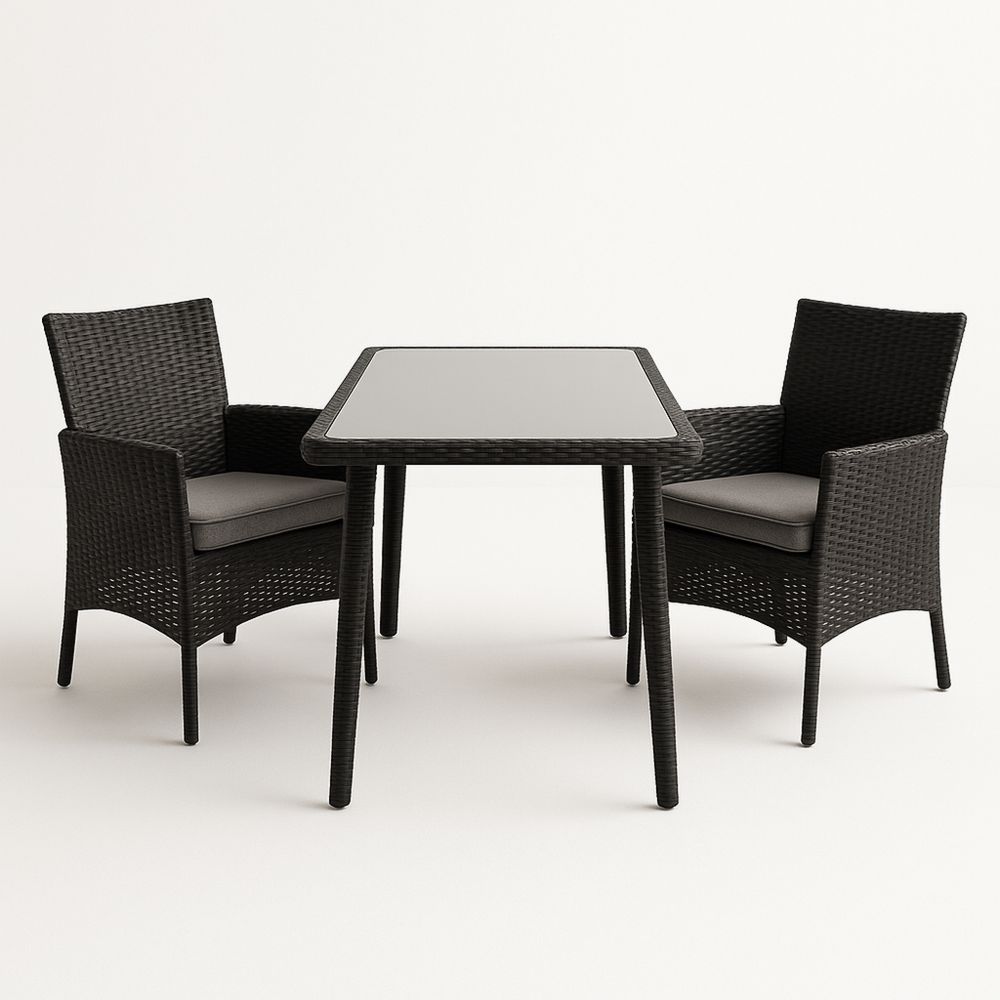 Udendørs sæt med 2 stole og glasbord i polyethylen rattan sort-decovivapt