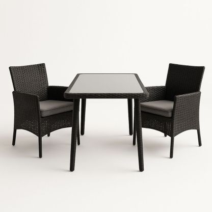 Udendørs sæt med 2 stole og glasbord i polyethylen rattan sort-decovivapt