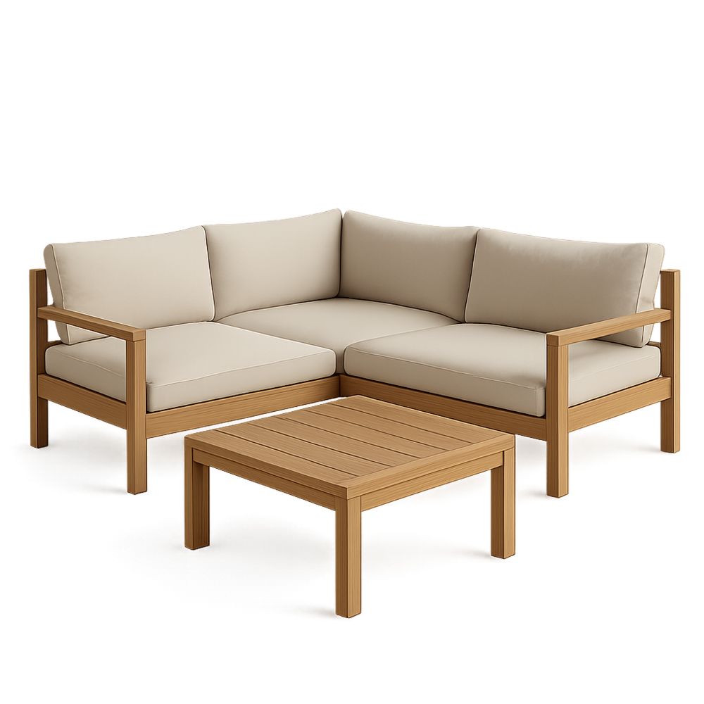 Hjørnesofa Sæt i Træ med Aftagelige Beige Hynder-decovivapt