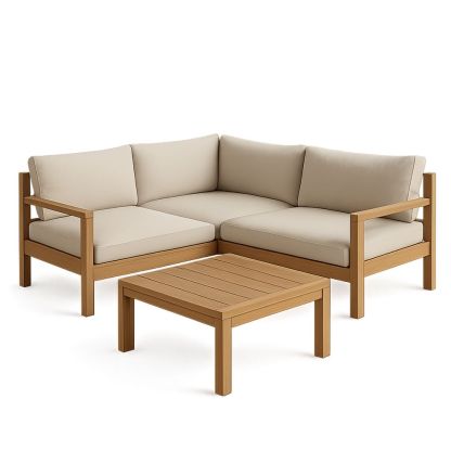 Hjørnesofa Sæt i Træ med Aftagelige Beige Hynder-decovivapt