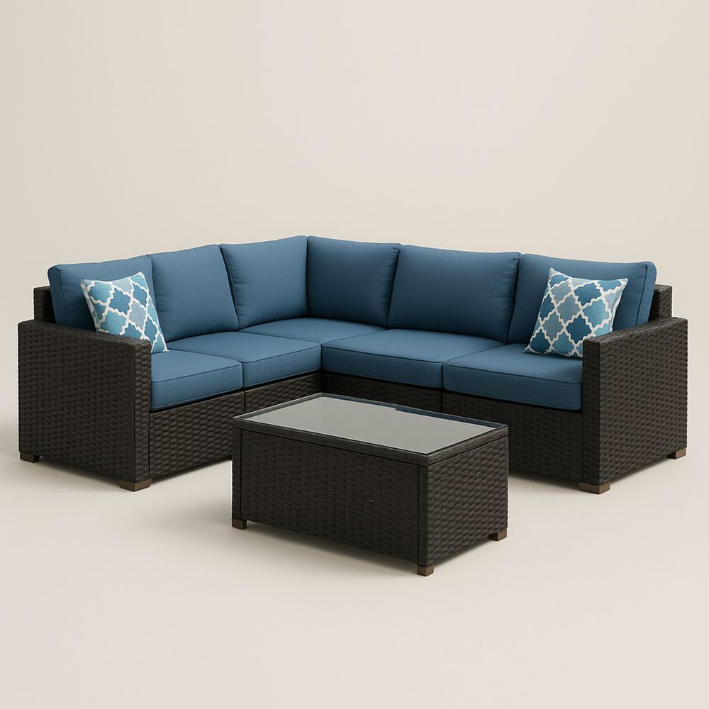 Hjørnesofa sæt i polyrattan og blåt stof med bord-decovivapt